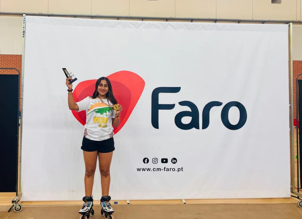 Anahita Mishra wins her 3rd International Gold medal this year. She defeated World No 4 Speed Slalom Skater to get a Gold at Faro International World Cup in Portugal yesterday. She received a Trophy and a cash reward apart from her Gold Medal.